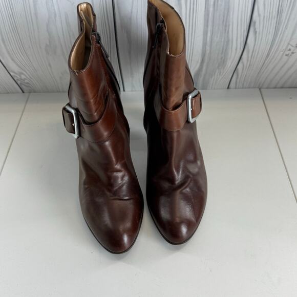 Cole Haan Size 8 Brown Leather Ankle Boots High Block Heel Buckle Bootie - Picture 2 of 10